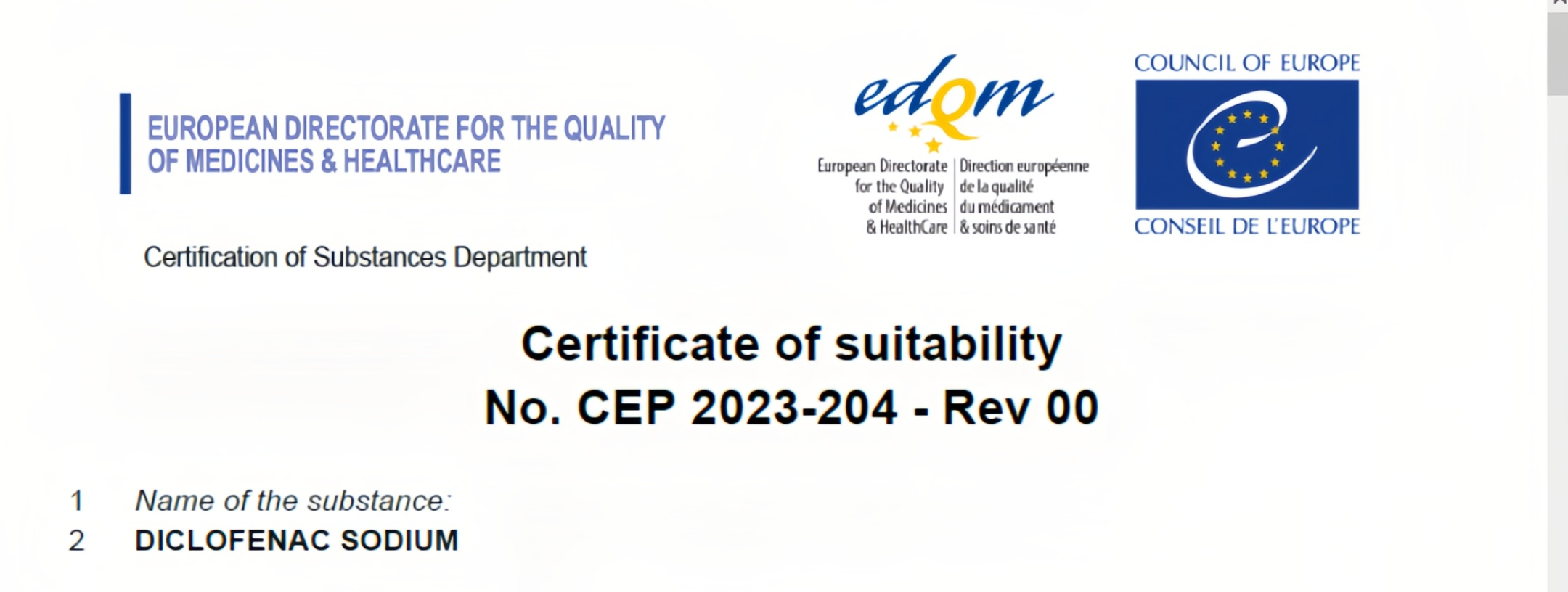 全网担保网助医药力客户两原料药获CEP证书